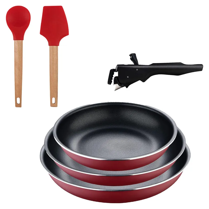 Bergner Click&Cook juego de 3 Sartenes Ø18Ø20Ø24cm Aluminio prensado rojo con Mango extraíble+Juego de 2 utensilios de cocina de silicona