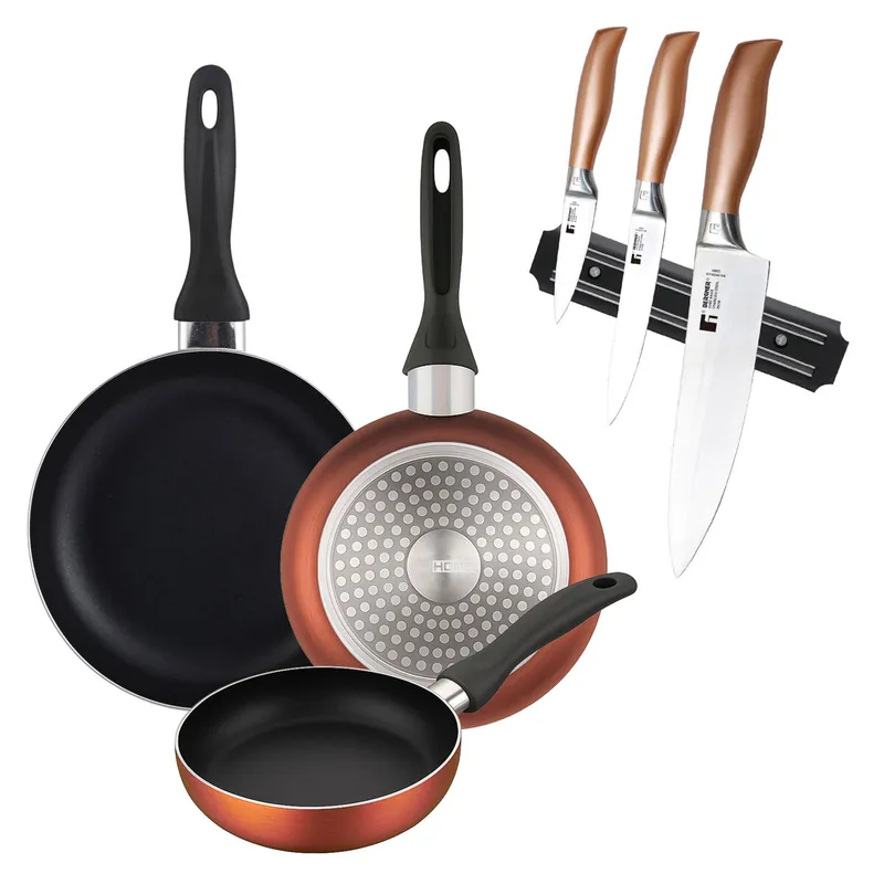 Well Home Set de 3 Sartenes Ø16Ø20Ø24cm de Aluminio prensado en Cobre metalizado+Set de 3 Cuchillos en acero inoxidable con Soporte magnético de pare - Cocina