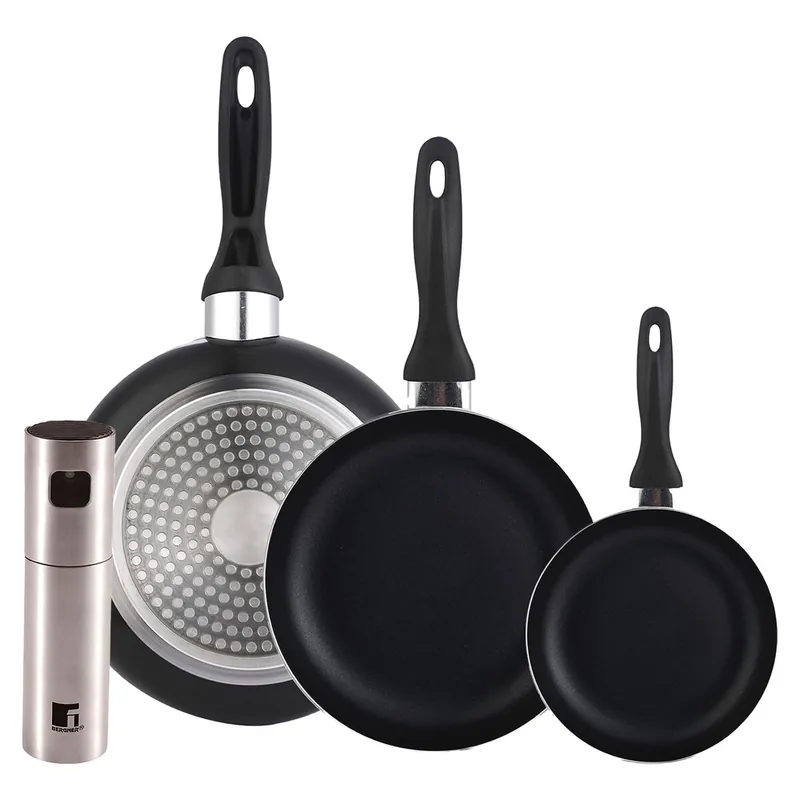 Set 3 sartenes Wellhome 16/20/24 aluminio prensado+Pulverizador de Aceite y vinagre Ø4x17,5cm en acero inoxidable - Cocina