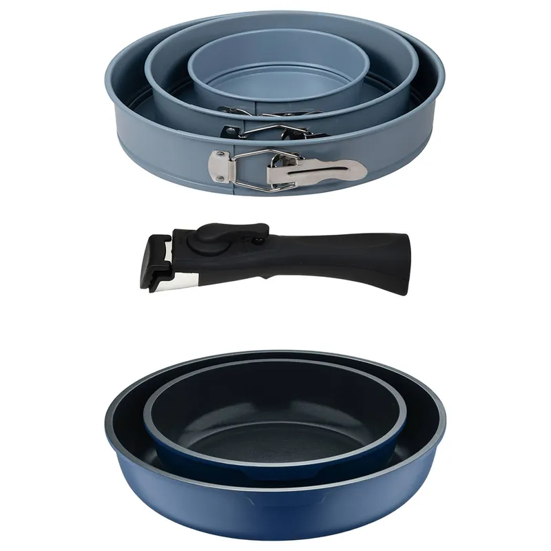 Bergner Click&Cook Juego de 2 Sartenes Ø22Ø26cm Aluminio fundido Azul con Mango desmontable+Juego de 3 moldes de horno redondos Ø12Ø18Ø22cm - Cocina