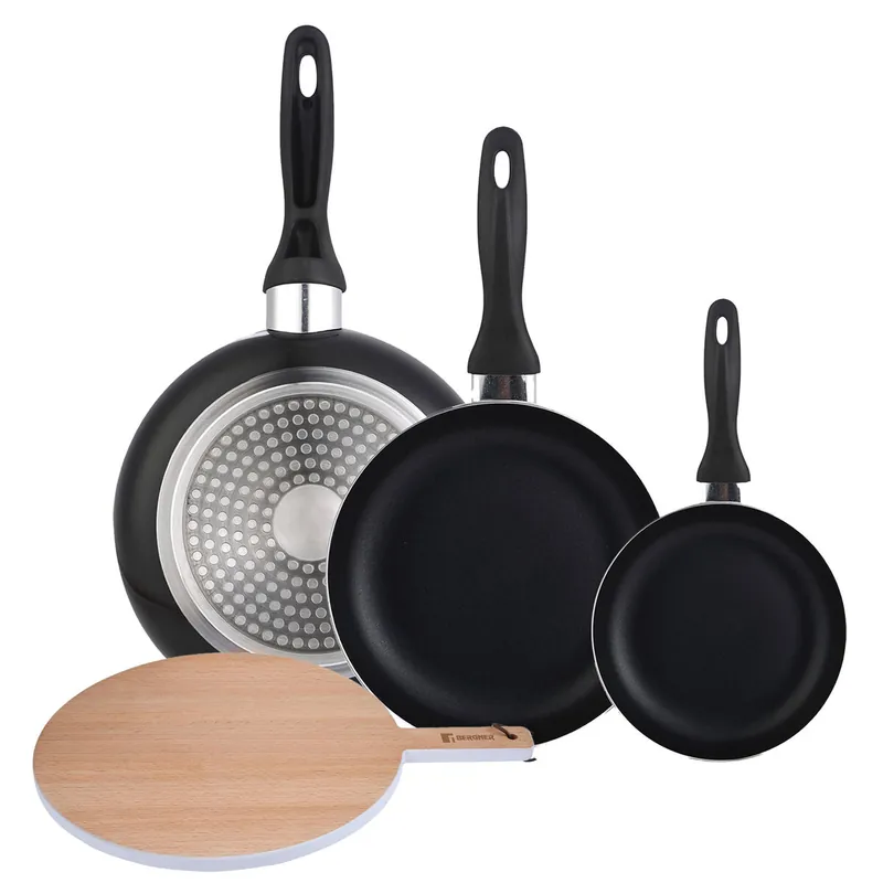 Set 3 sartenes Wellhome 16/20/24 aluminio prensado+Tabla de corte Redonda de 38x28x1,5cm en madera de haya - Cocina