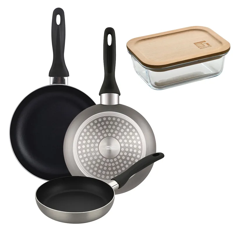 Well Home Set de 3 Sartenes Ø16Ø20Ø24cm de Aluminio prensado en Gris metalizado+Hermético de 650ml en vidrio de borosilicato - Cocina