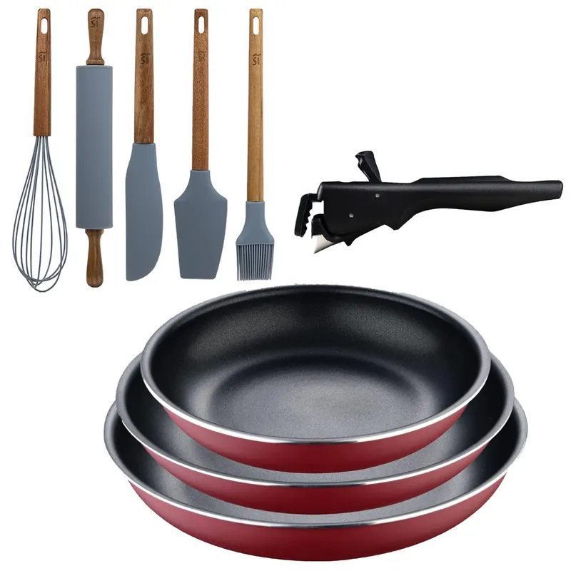 Bergner Click&Cook juego de 3 Sartenes Ø18Ø20Ø24cm Aluminio prensado rojo con Mango extraíble+Set de 5 Utensilios de Cocina de Silicona y Madera
