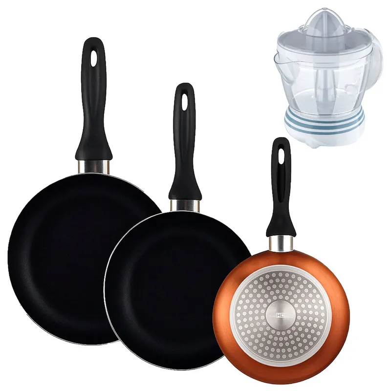 Well Home Set de 3 Sartenes Ø16Ø20Ø24cm de Aluminio prensado en Bronce metalizado+Exprimidor de 40W de Potencia - Capacidad de 1.2 Litros