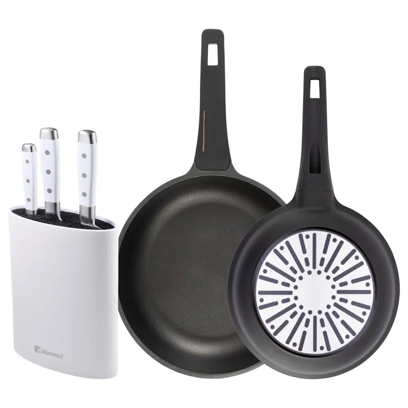 Bergner Juego de 2 Sartenes Ø24Ø28cm en aluminio fundido con mango de baquelita+Juego de 3 Cuchillos de acero inoxidable + Tacoma en color Blanco - Cocina