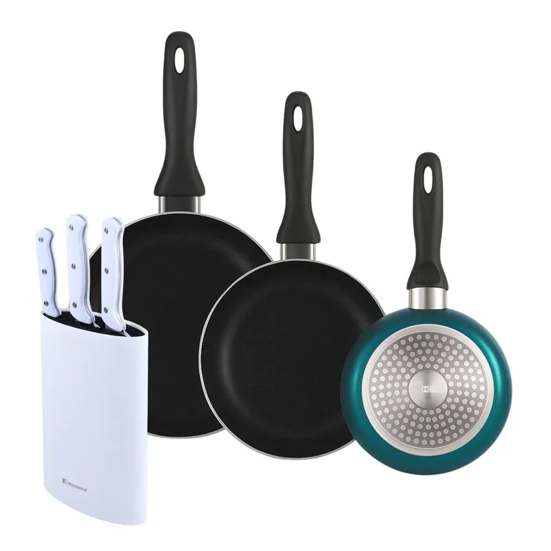 Well Home Set de 3 Sartenes Ø16Ø20Ø24cm de Aluminio prensado en Azul metalizado+Set de 3 Cuchillos con Tacoma en Acero inoxidable - Cocina