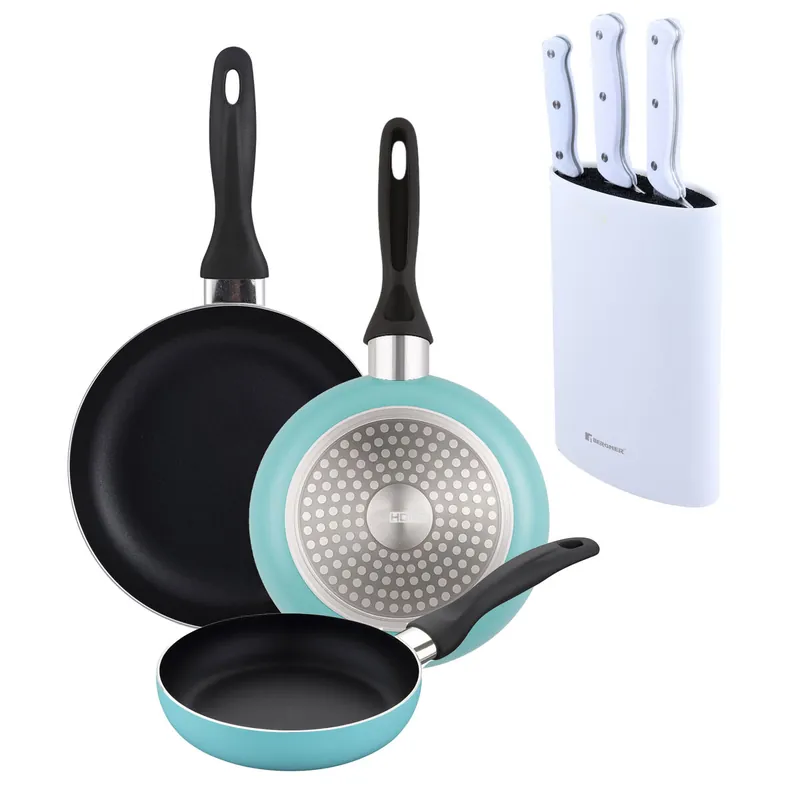 Well Home Set de 3 Sartenes Ø16Ø20Ø24cm de Aluminio prensado en Azul mate+Set de 3 Cuchillos con Tacoma en Acero inoxidable - Cocina