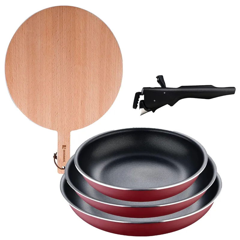 Bergner Click&Cook juego de 3 Sartenes Ø18Ø20Ø24cm Aluminio prensado rojo con Mango extraíble+Tabla de corte Redonda de 38x28x1,5cm en madera de haya - Cocina