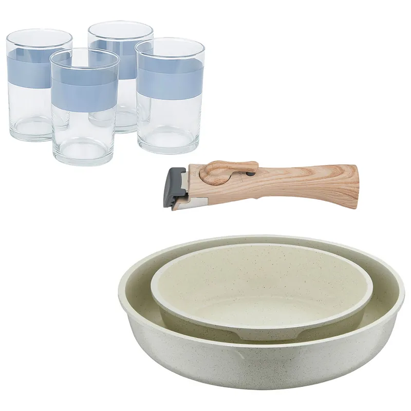Bergner Click&Cook Juego de 2 Sartenes Ø22Ø26cm Aluminio fundido Blanco con Mango desmontable+Juego de 4 Vasos de 0,5L - Cocina