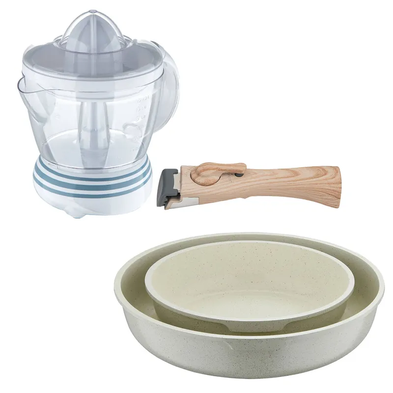 Bergner Click&Cook Juego de 2 Sartenes Ø22Ø26cm Aluminio fundido Blanco con Mango desmontable+Exprimidor de 40W de Potencia - Capacidad de 1.2 Litros