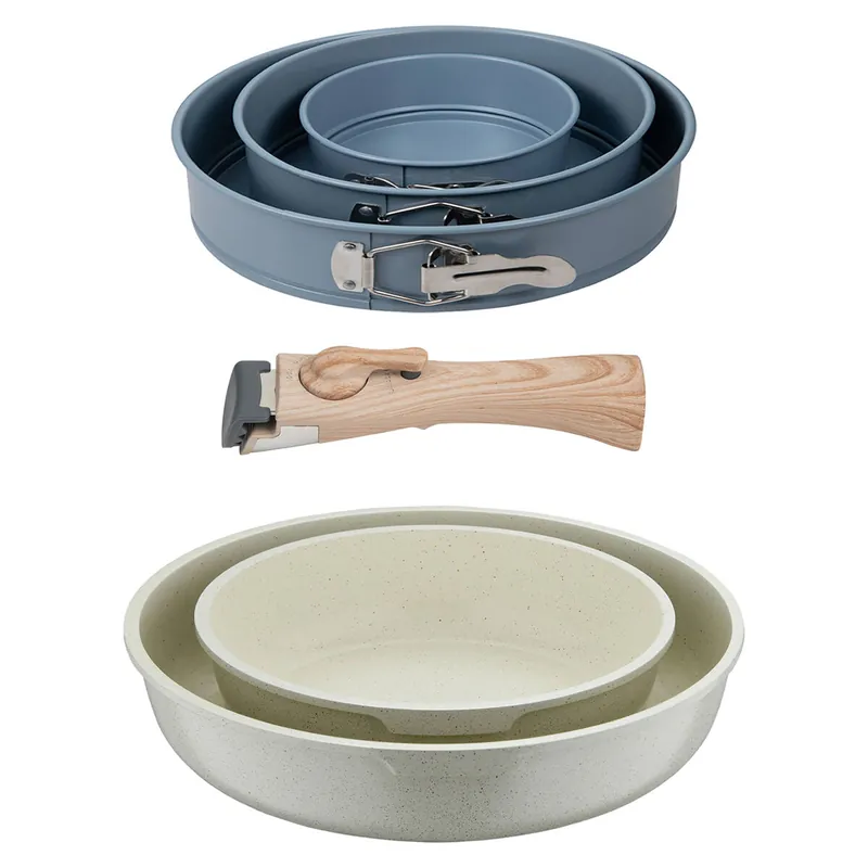Bergner Click&Cook Juego de 2 Sartenes Ø22Ø26cm Aluminio fundido Blanco con Mango desmontable+Juego de 3 moldes de horno redondos Ø12Ø18Ø22cm - Cocina