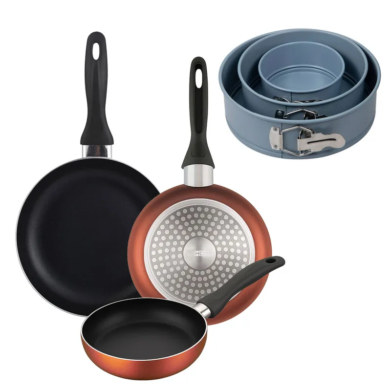 Well Home Set de 3 Sartenes Ø16Ø20Ø24cm de Aluminio prensado en Cobre metalizado+Juego de 3 moldes de horno redondos Ø12Ø18Ø22cm - Cocina