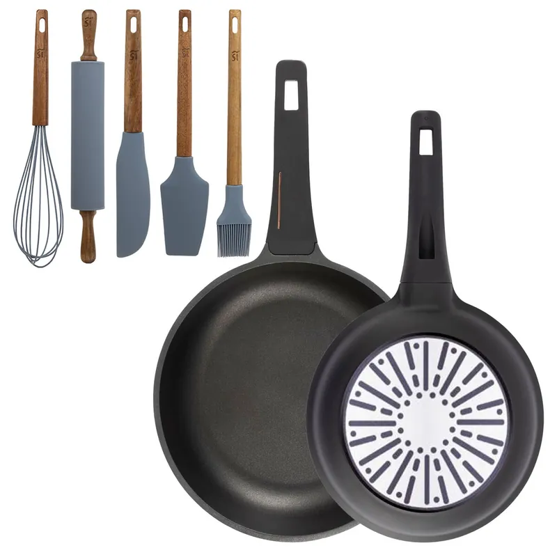 Bergner Juego de 2 Sartenes Ø24Ø28cm en aluminio fundido con mango de baquelita+Set de 5 Utensilios de Cocina de Silicona y Madera de Acacia