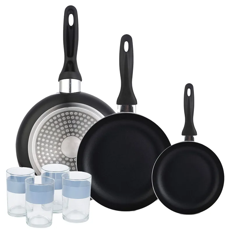Set 3 sartenes Wellhome 16/20/24 aluminio prensado+Juego de 4 Vasos de 0,5L - Cocina