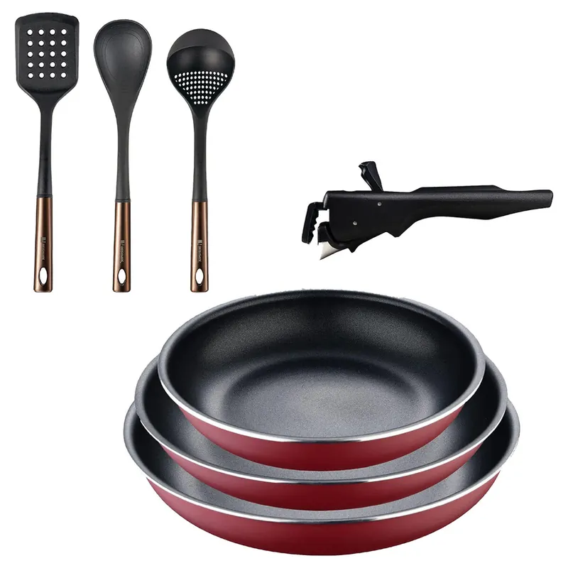 Bergner Click&Cook juego de 3 Sartenes Ø18Ø20Ø24cm Aluminio prensado rojo con Mango extraíble+ Set de 3 Utensilios de cocina de PBT negro y cobre