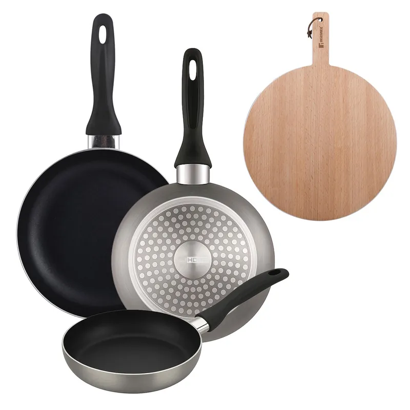 Well Home Set de 3 Sartenes Ø16Ø20Ø24cm de Aluminio prensado en Gris metalizado+Tabla de corte Redonda de 38x28x1,5cm en madera de haya - Cocina