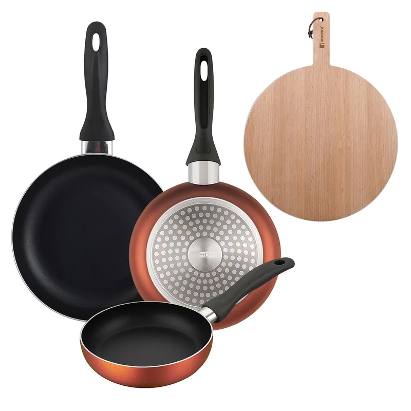 Well Home Set de 3 Sartenes Ø16Ø20Ø24cm de Aluminio prensado en Cobre metalizado+Tabla de corte Redonda de 38x28x1,5cm en madera de haya - Cocina