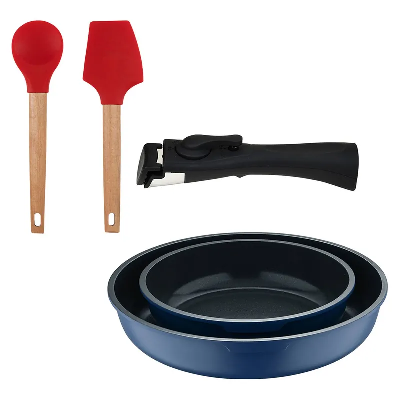 Bergner Click&Cook Juego de 2 Sartenes Ø22Ø26cm Aluminio fundido Azul con Mango desmontable+Juego de 2 utensilios de cocina de silicona