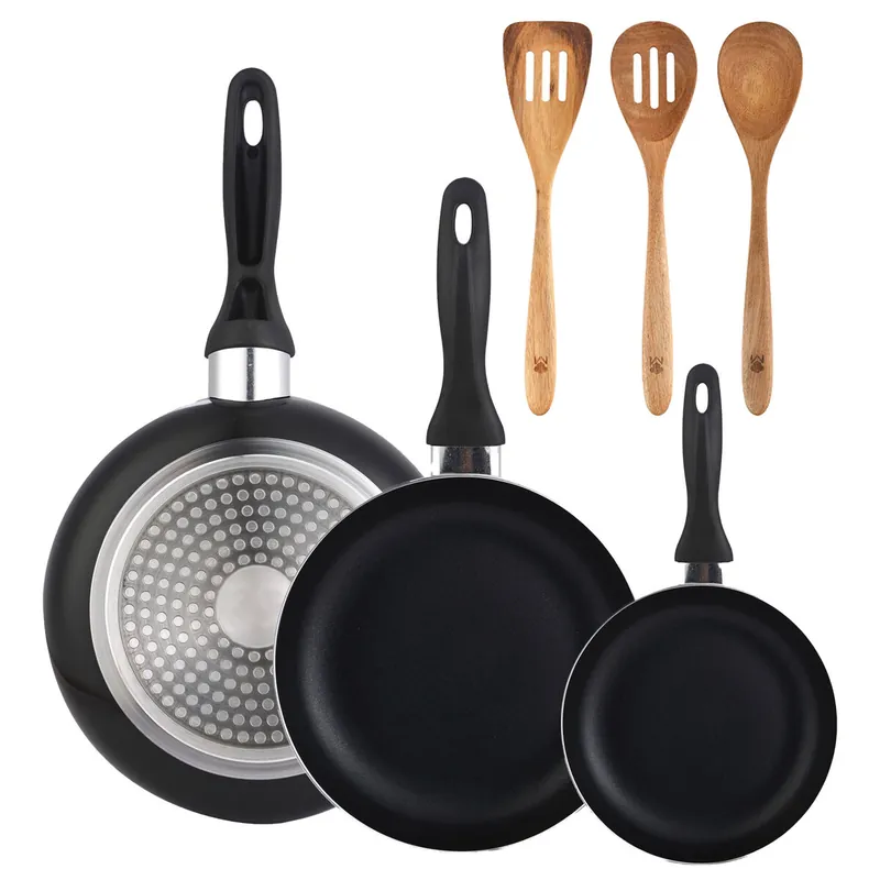 Set 3 sartenes Wellhome 16/20/24 aluminio prensado+Set 3pcs utensilios de cocina acacia