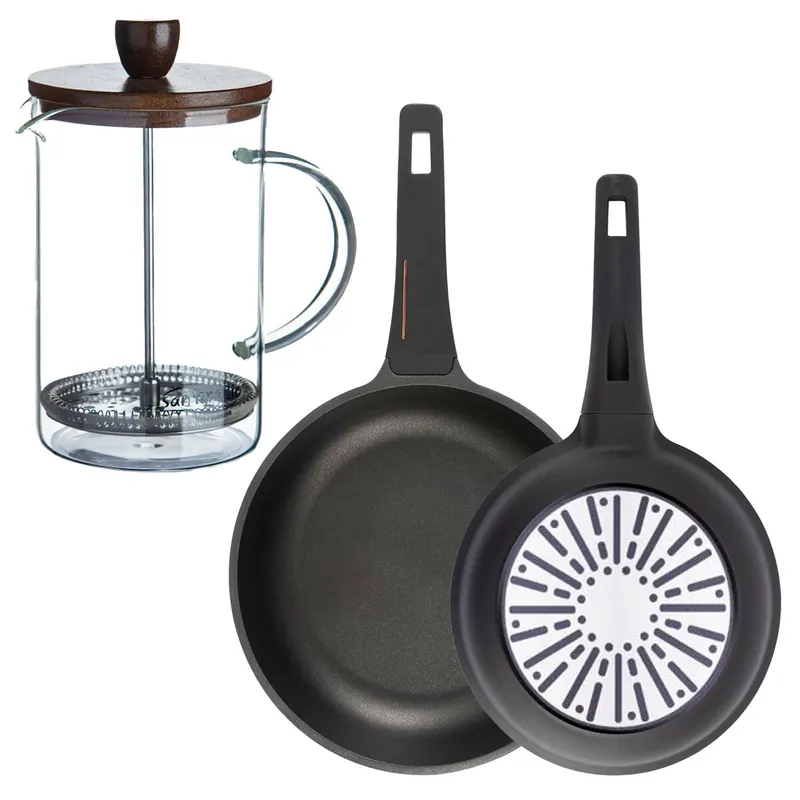 Bergner Juego de 2 Sartenes Ø24Ø28cm en aluminio fundido con mango de baquelita+Cafetera de émbolo de vidrio borosilicato 15,8x10x18,8cm - Cocina