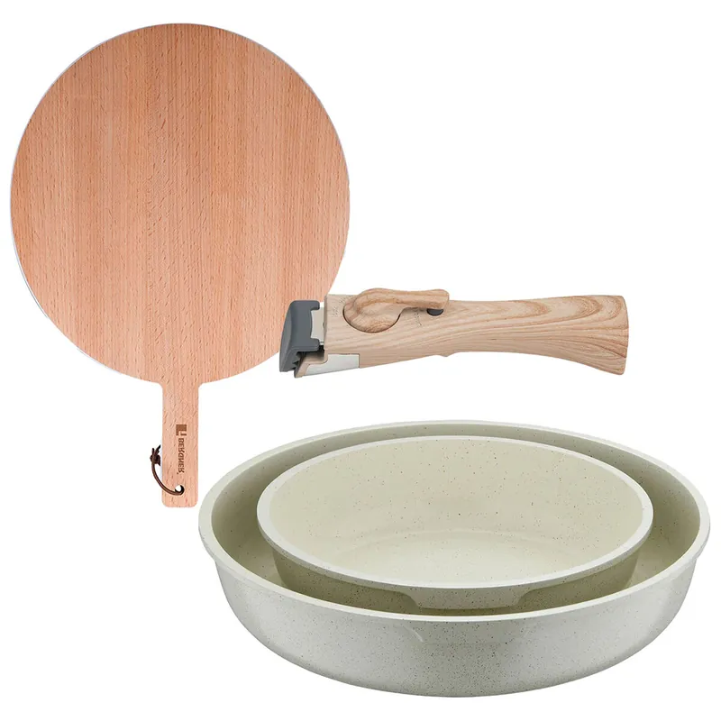 Bergner Click&Cook Juego de 2 Sartenes Ø22Ø26cm Aluminio fundido Blanco con Mango desmontable+Tabla de corte Redonda de 38x28x1,5cm en madera de haya - Cocina