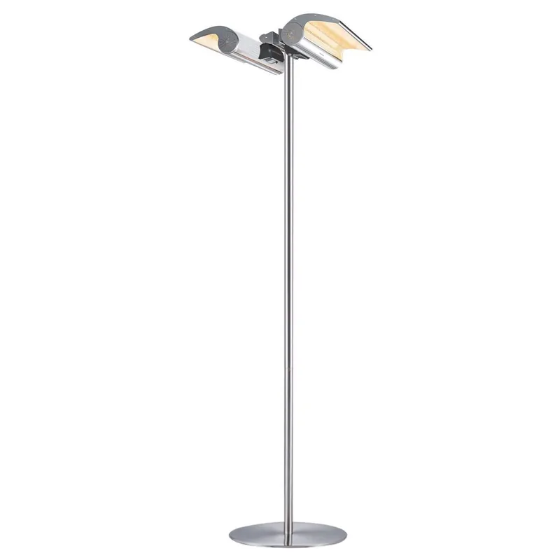 Calentador de suelo doble, dos lamparas con parábola reflectante de 2000W + 2000W Práctico y económico llega con lámparas de infrarrojos IR-A y mando a distancia. Excelente como difusor de calor para uso en exteriores. Potencia total de 4000 W. Protegido