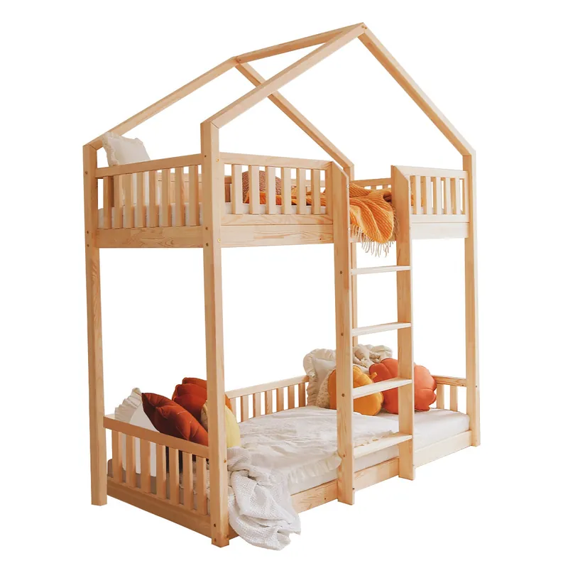 Litera cabaña 90x190 con barandilla y somier patas de 1 cm Roxane Madera - Bebé