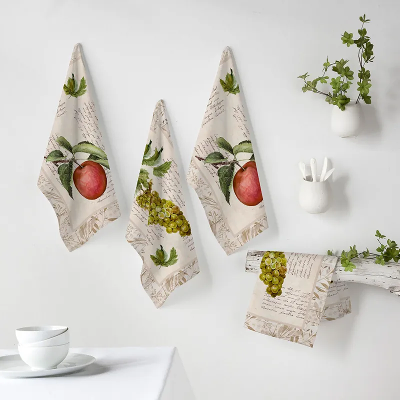 Lote de 4 paños de cocina VINTAGE FRUITS beige/rojo 50x70 cm