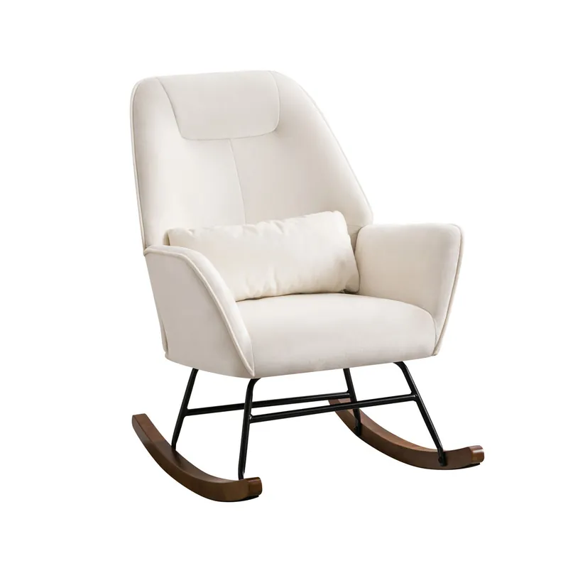 Mecedora tapizada en terciopelo con soporte lumbar, ideal para sala de estar y guardería, color beige - Sofás sillones puffs