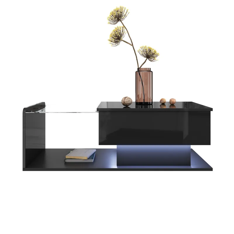 Mesa de café - Tamaño: 100x50 cm - Efecto LED, con cristal - Blanco