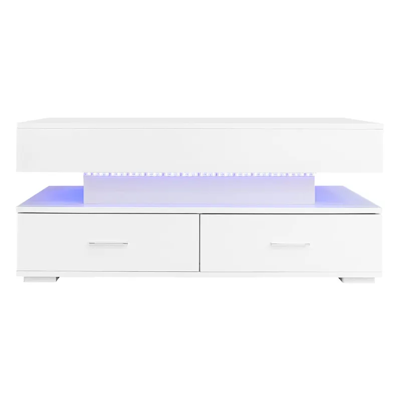 Mesa de centro hidráulica 100x50x44 cm - con LED, control por app Bluetooth, 2 cajones y almacenamiento abierto - Blanco