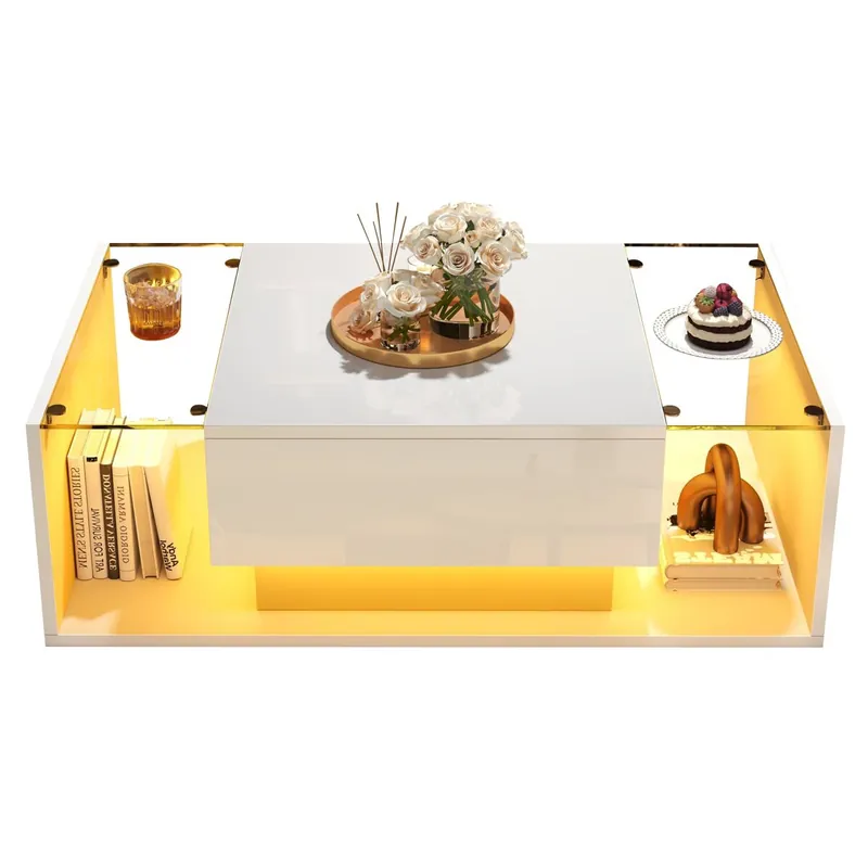 Mesa de centro 100x50x31 cm - Mesa de café con 1 cajón y luz LED - Blanco