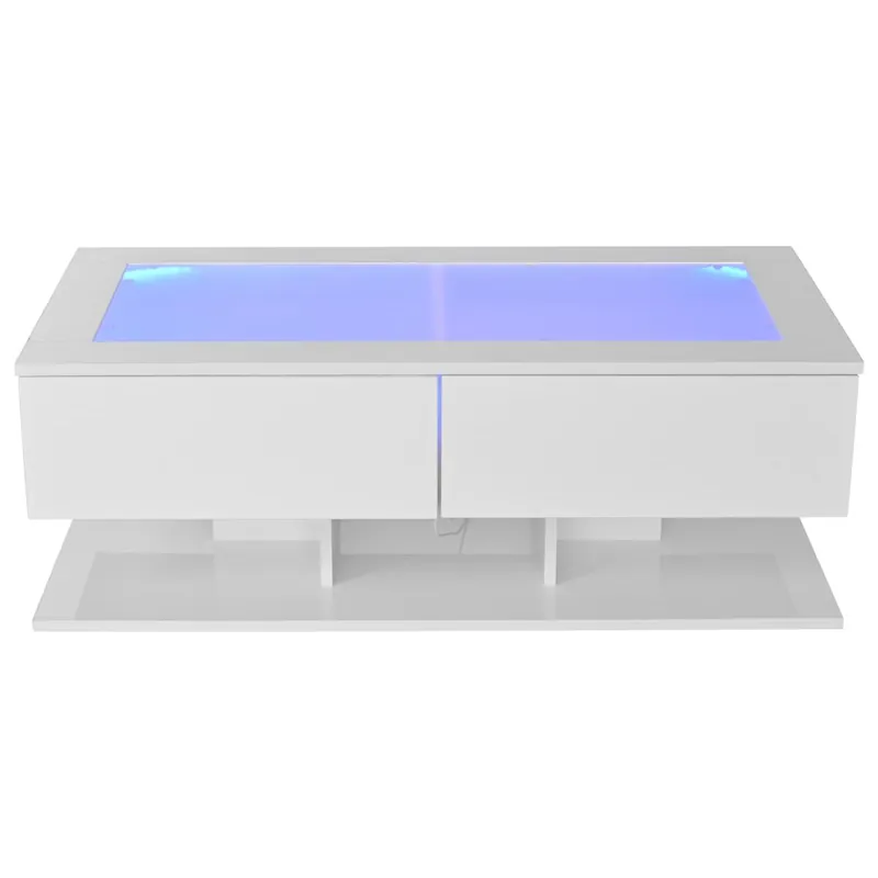 Mesa de centro 100x50x35 cm - Sofá con cajones, mesa con LED y cristal - Blanco