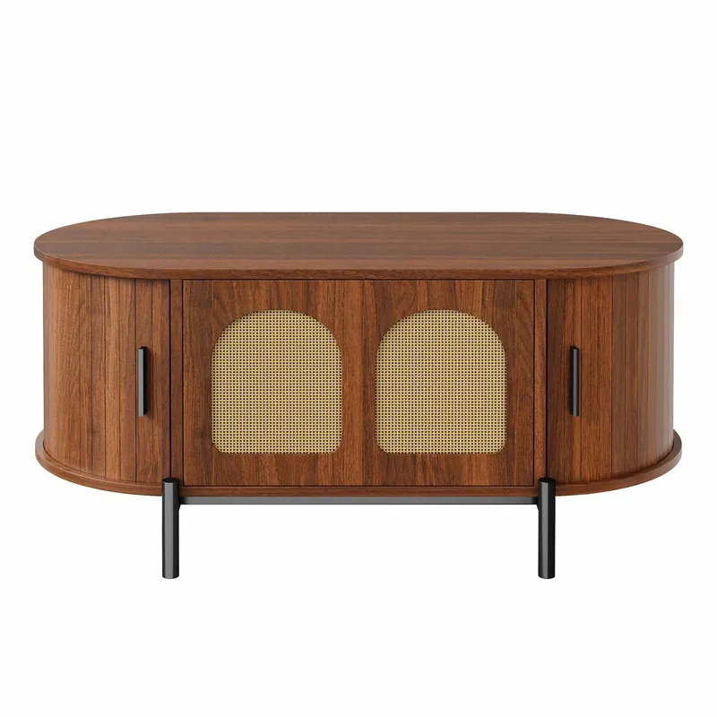 Mesa de centro ovalada - con almacenamiento, puertas correderas, acabado efecto madera, patas de metal, estilo rattan, multifuncional - Natural