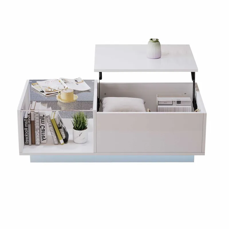 Mesa de café elevable 50x100x(33-46.5) cm - Mesa de salón con almacenamiento oculto y estante - Blanco