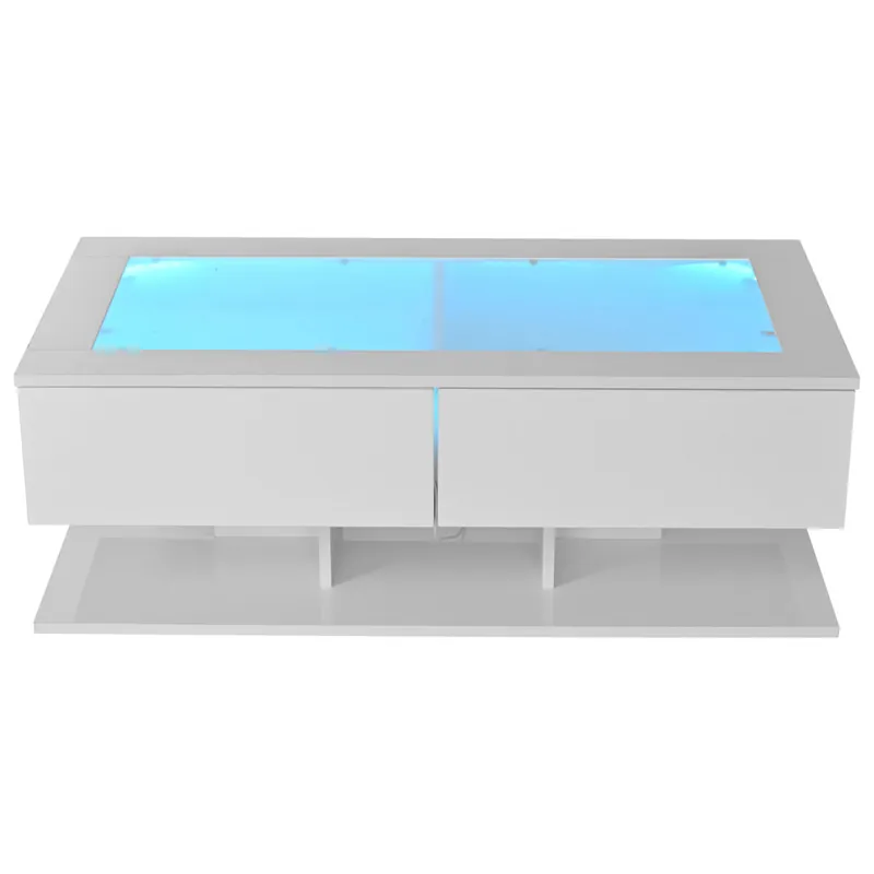 Mesa de centro 100x50x35 cm - Sofá con cajones, mesa con LED y cristal - Blanco