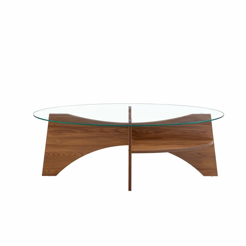 Mesa de café ovalada de vidrio templado – 104,9x60cm - Diseño multifuncional, estructura con elementos en ángulo y función de almacenamiento integrada - Color transparente, madera