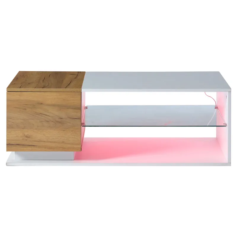Mesa de café LED 105x50x36cm - Mesa de salón con iluminación LED, mesa con almacenamiento - Blanco + Natural