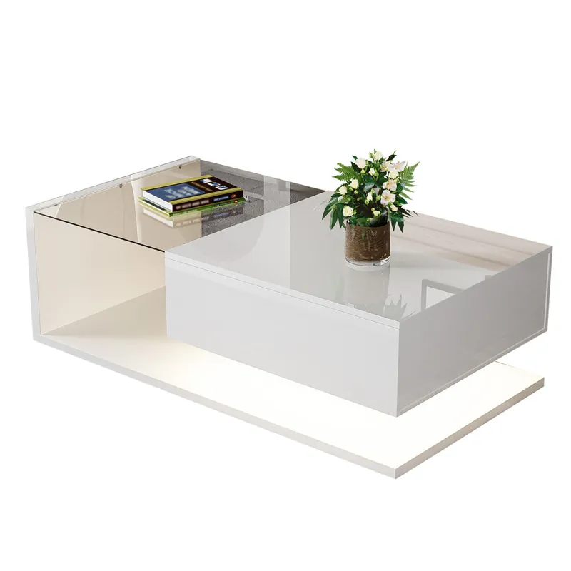 Mesa de centro 105x55x32,5 cm - Con vidrio y efecto LED - Blanco