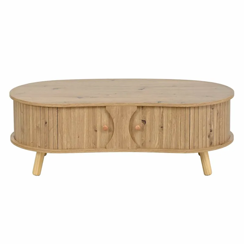 Mesa de centro ovalada - con puertas correderas, diseño acanalado, patas de madera maciza, acabado efecto madera, MDF - natural