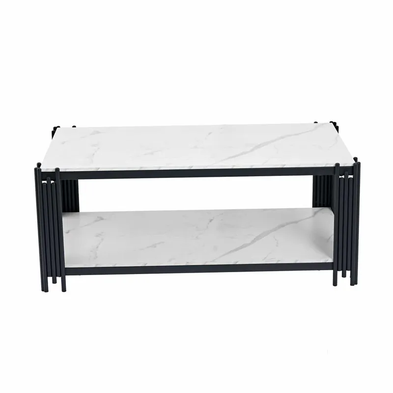 Mesa de centro 114x64x46 cm - rectangular con patas de metal y superficie efecto mármol, muebles modernos - blanco y negro