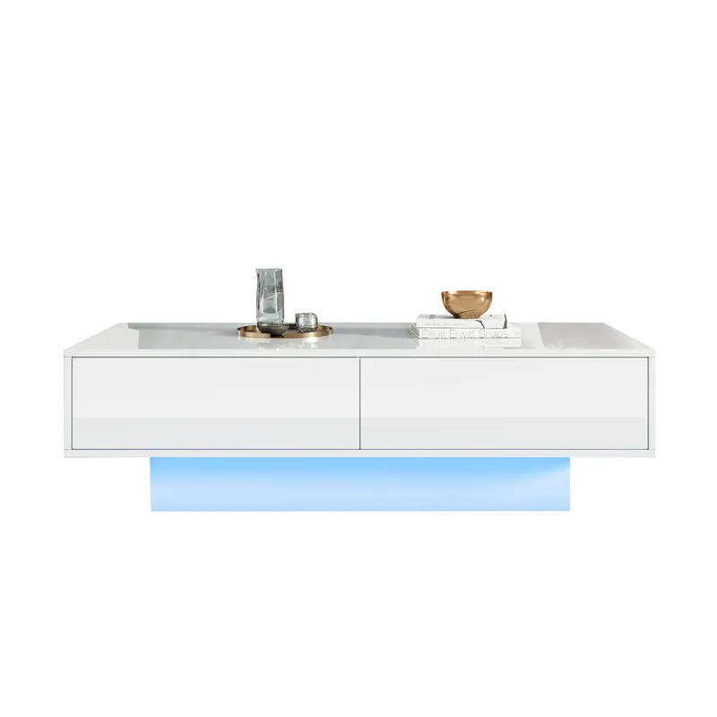 Mesa de centro moderna 115x55x34 cm - 2 cajones, iluminación LED, 30 kg de capacidad - Blanco
