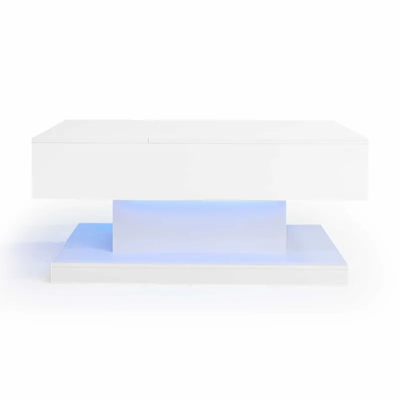 Mesa de centro elevable 100x50x45 cm - Con LED, superficie elevable y diseño deslizante lateral, elevación hidráulica y almacenamiento - Blanco