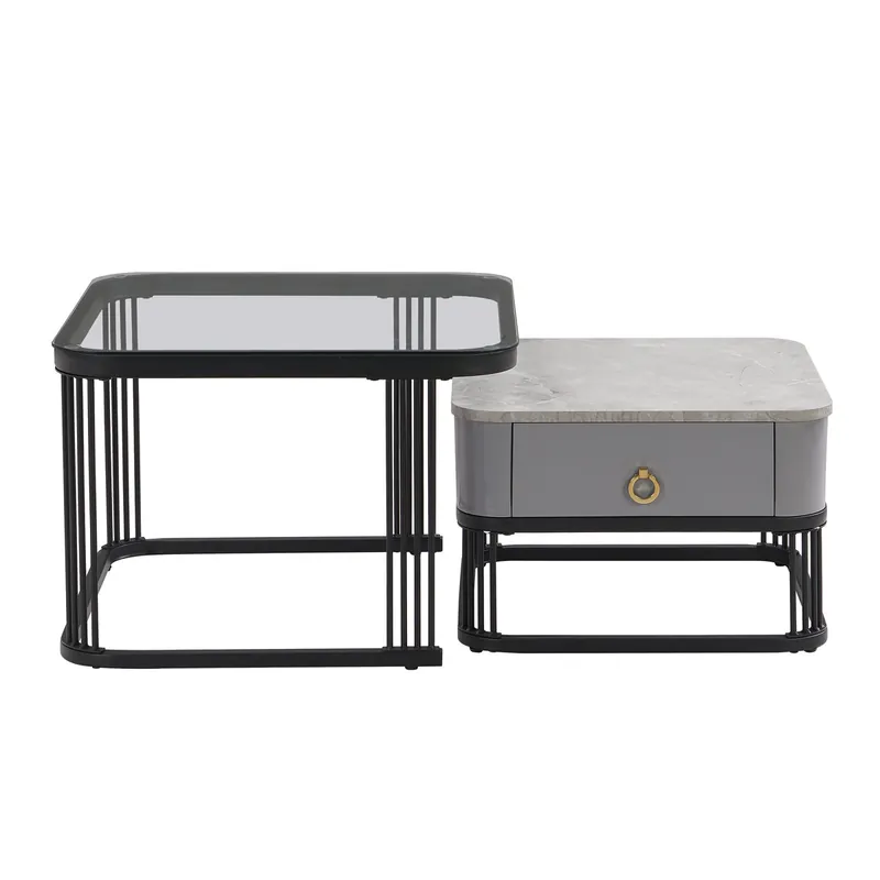 Mesa de centro apilable - Set de 2 piezas - Efecto mármol brillante, acentos dorados, con cajones - Blanco