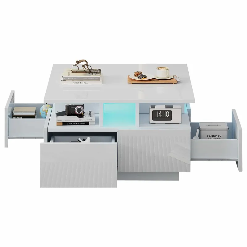 Mesa de centro 70x70x40 cm - Te Tisch de alta gloss, con luces LED, mesa de salón con 4 cajones, diseño geométrico - Blanco