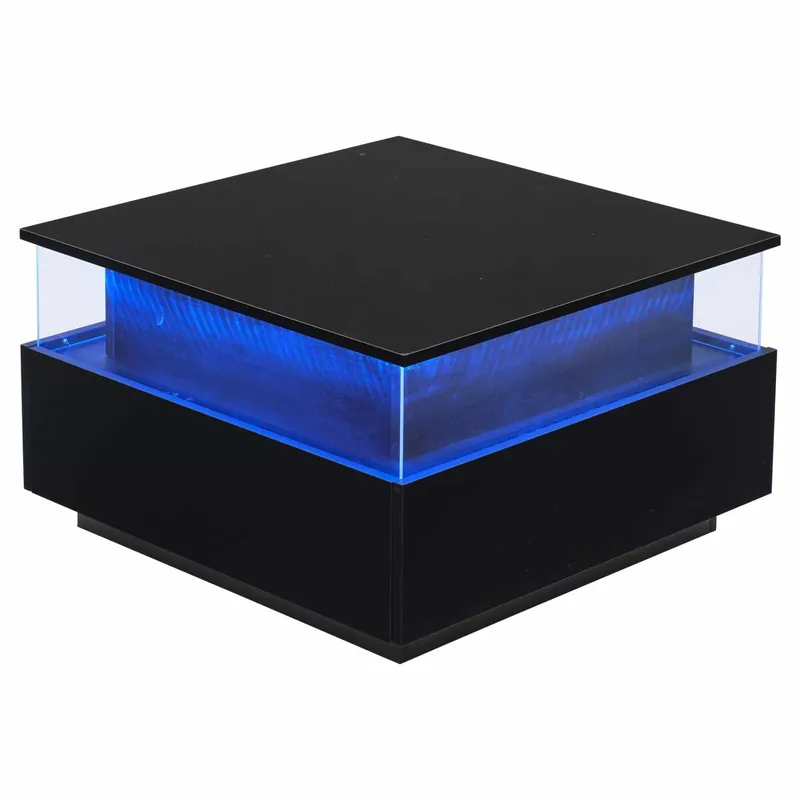 Mesa centro LED 70x70x41 cm - 2 cajones, área de exhibición transparente - Blanco