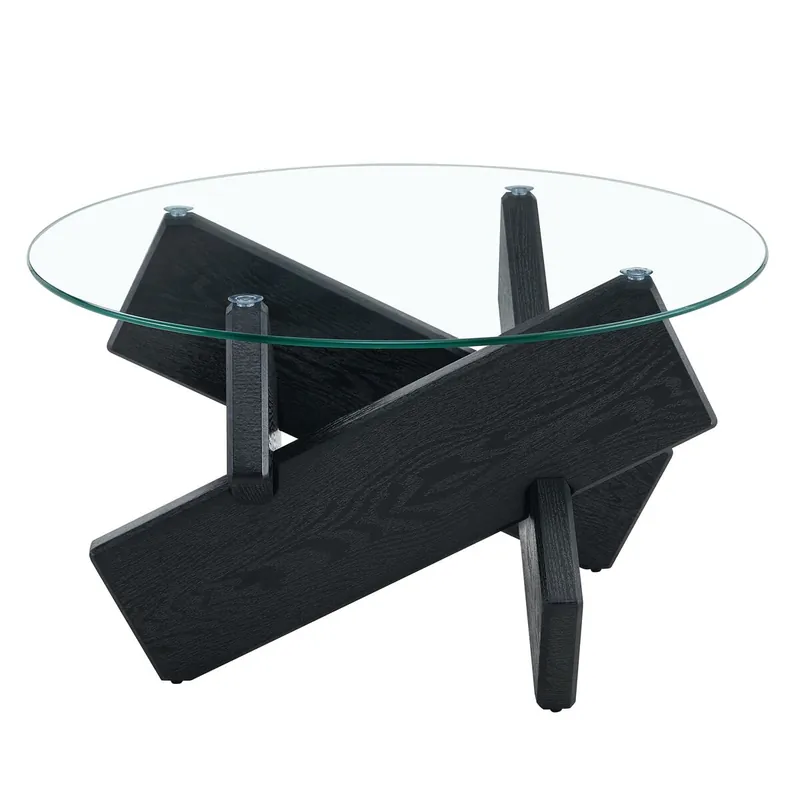 Mesa de centro redonda 79 cm - MDF+Vidrio, patas efecto mármol blanco - Transparente, Blanco