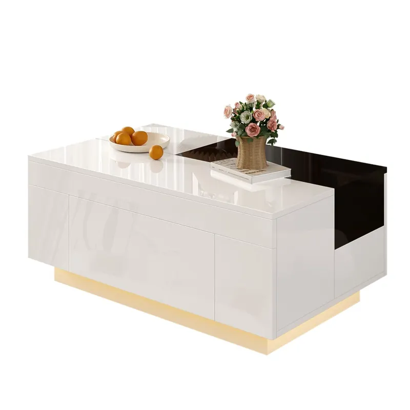 Mesa de centro con LED - Tabla extensible, almacenamiento oculto, luz ajustable 16 colores - Negro, Blanco