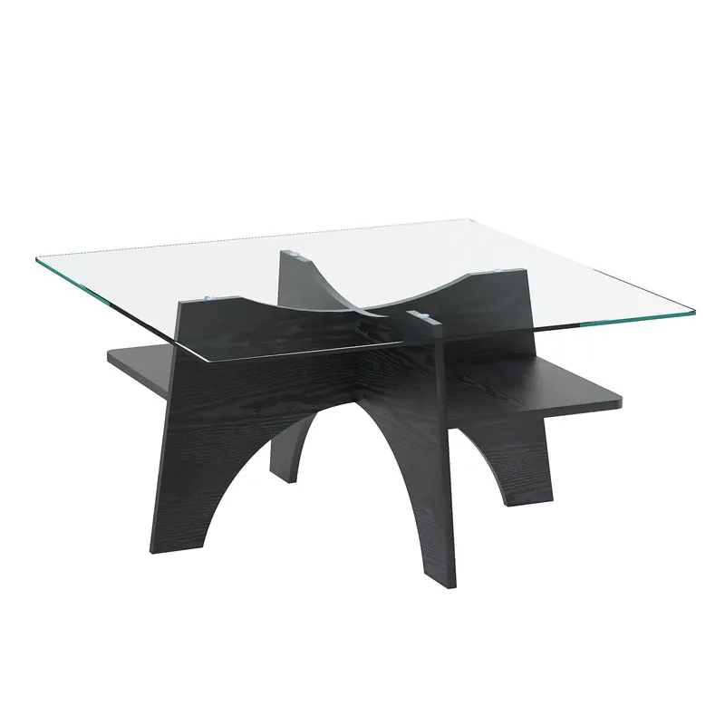 Mesa auxiliar cuadrada 80 cm - Cristal templado, patas MDF efecto madera - Negro