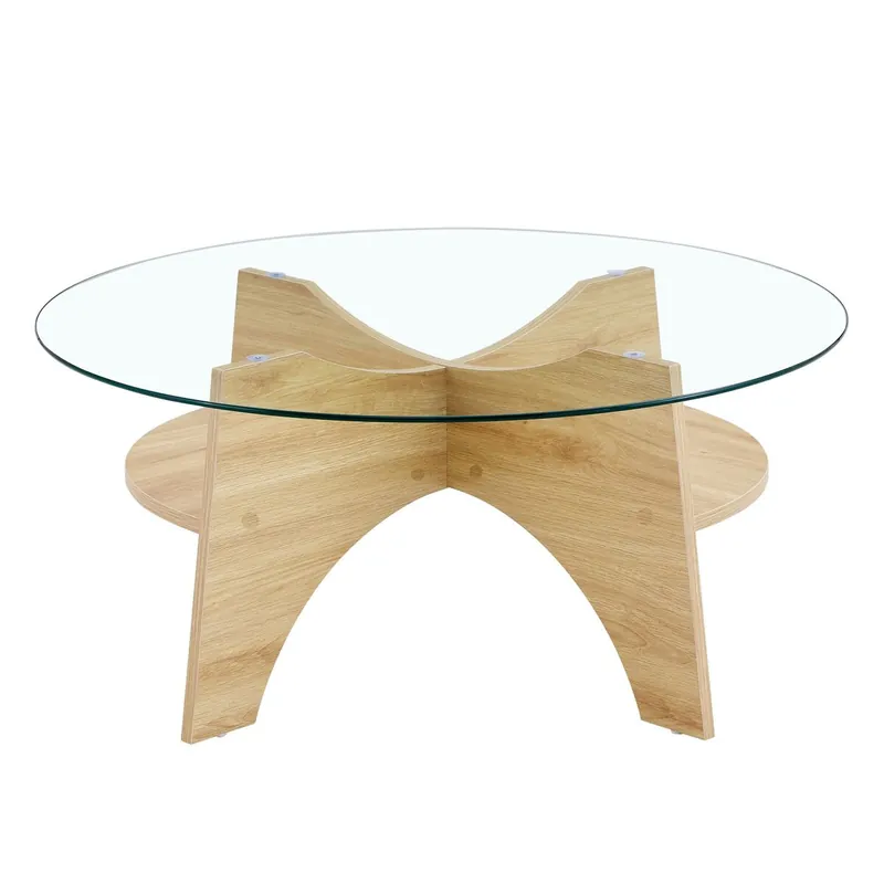 Mesa de centro redonda Ø80 cm - cristal transparente, estructura MDF en madera natural